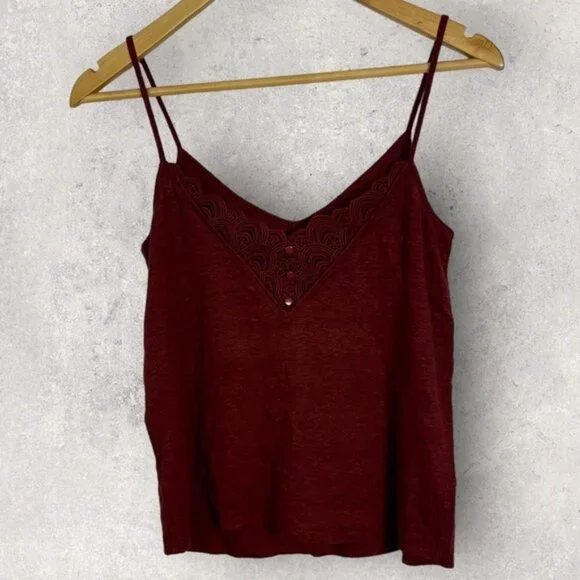 Sezane 100% Linen Elise Tank Top Lace Button Back Size XS French V-Neck Basic - Picture 2 of 11